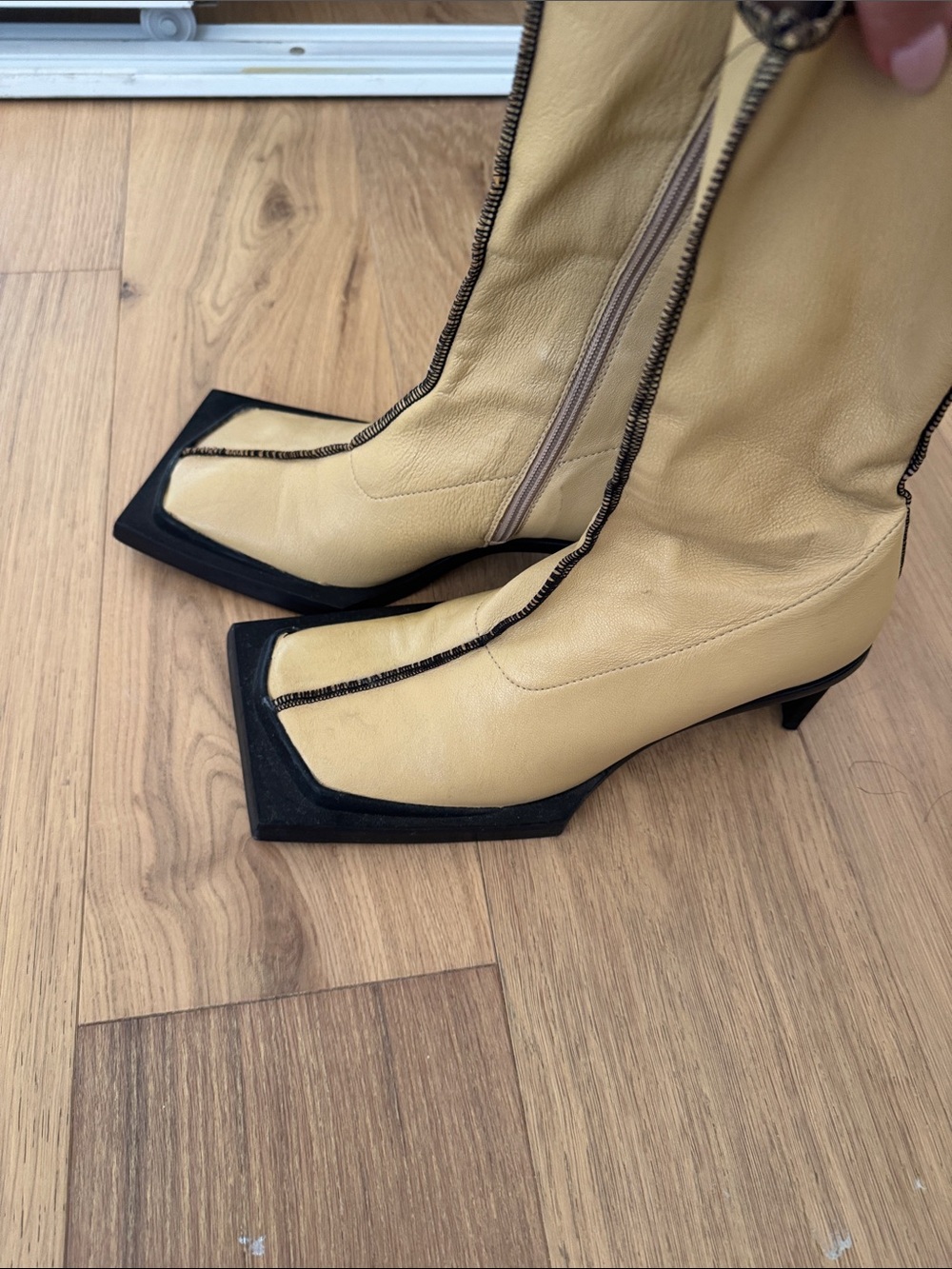 Miista Yellow Leather Square-Toe Mid-Kit Boot with Black Trim